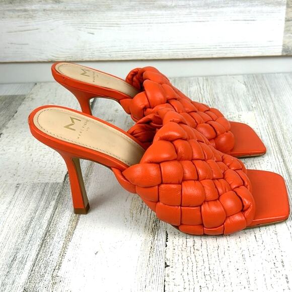 Marc Fisher Womens 7 Dakina Orange Woven Leather Square Toe Heeled Sandals NEW - Picture 6 of 9